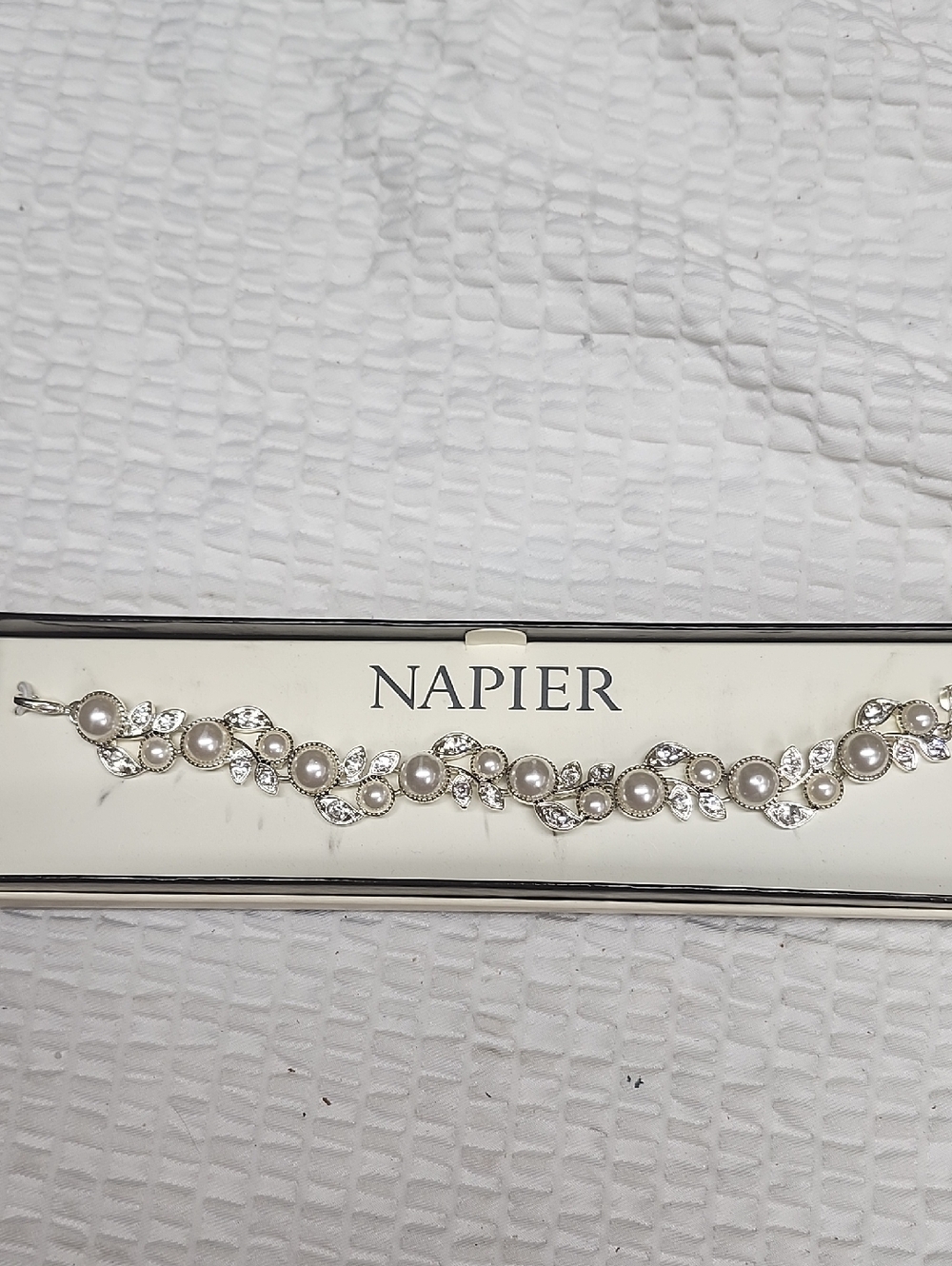 Napier Silver-Tone Pearl and Clear Crystal Bracelet